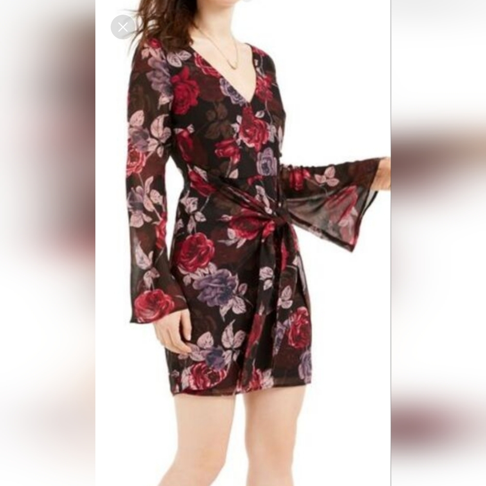 Guess Floral Lined Long Sleeve Chiffon Dress Large